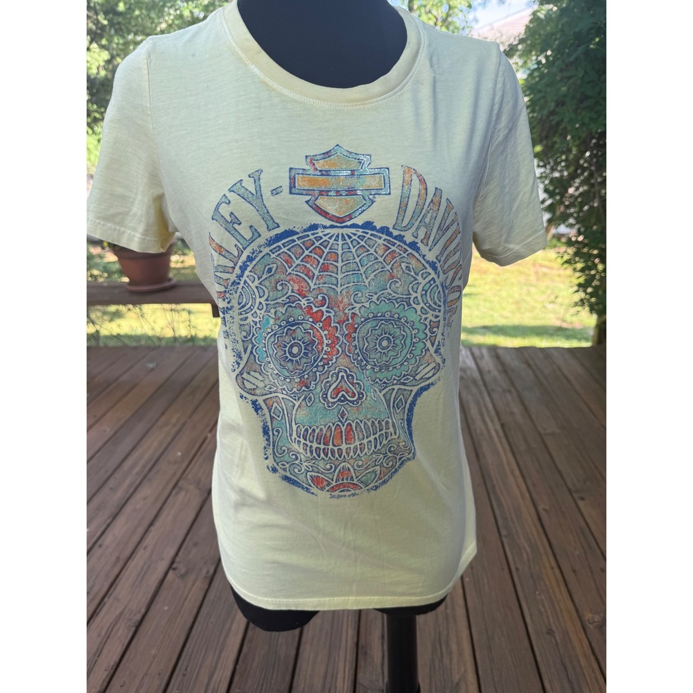 Harley-Davidson Kauai Hawaii Sugar Skull Graphic Tee Yellow Womens S
